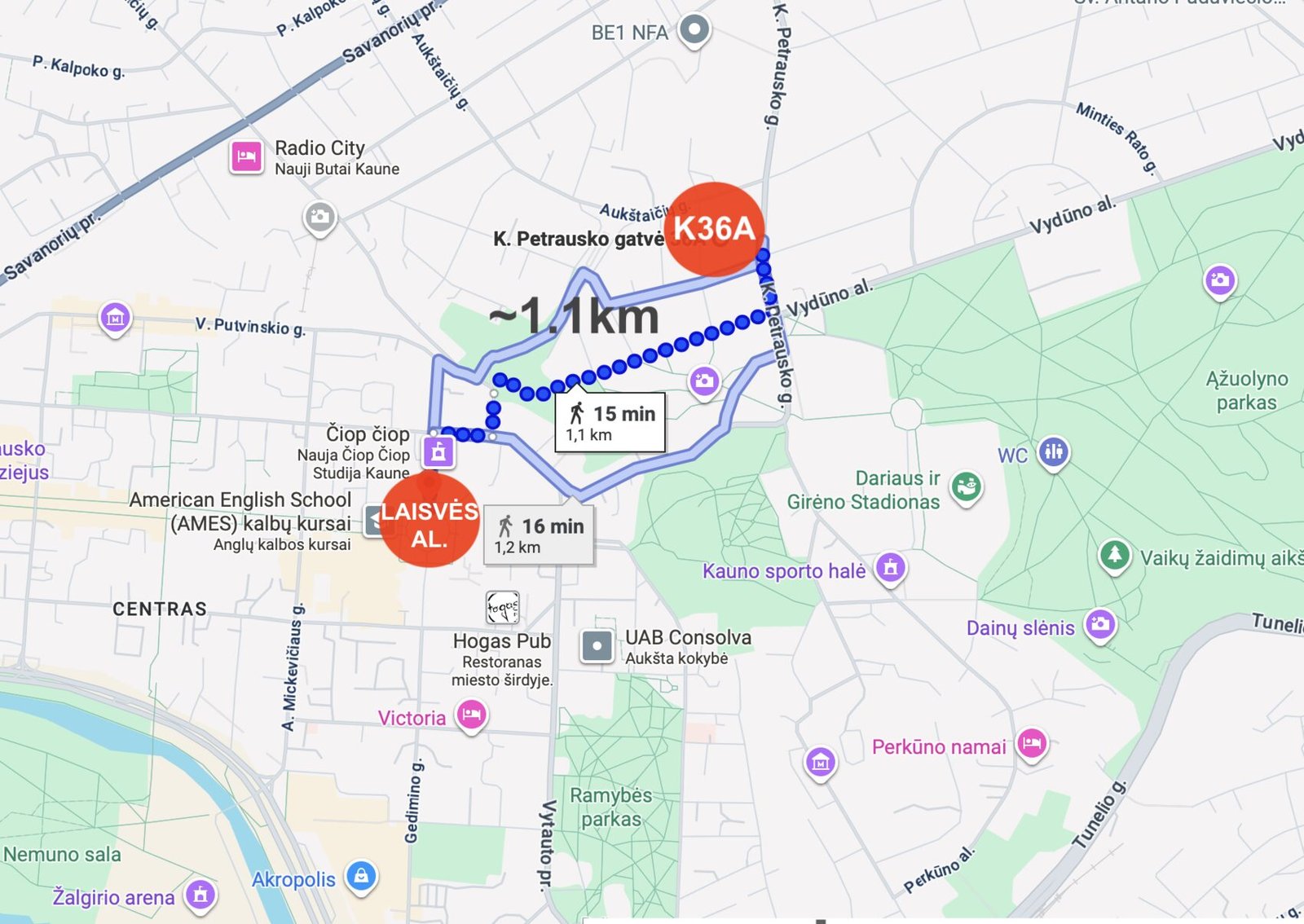 Atstumas nuo K36A iki Laisvės alėjos — apie 1,1 km
