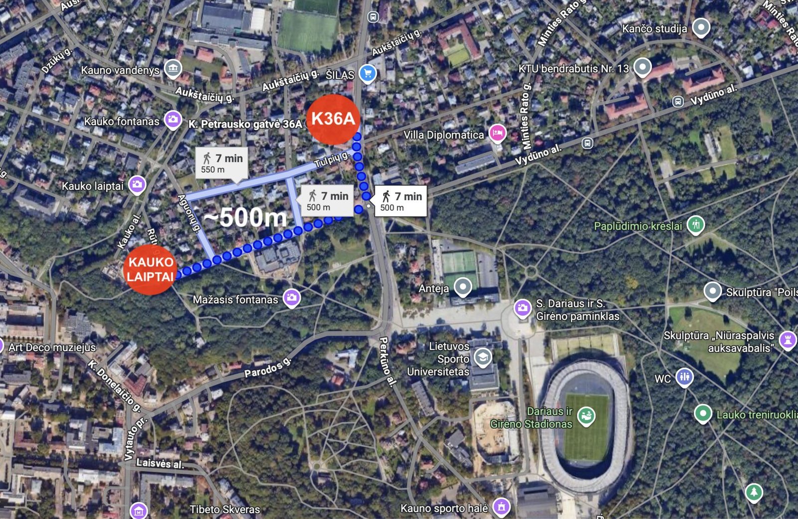 K36A vieta žemėlapyje — iki Kauko laiptų apie 500 m